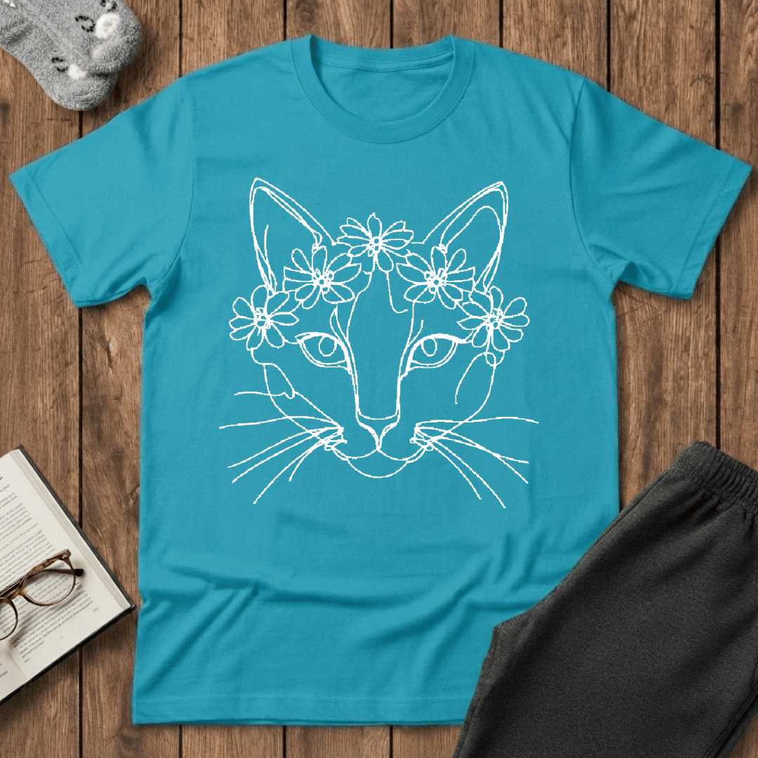 Floral Crown Cat Line Art T-Shirt