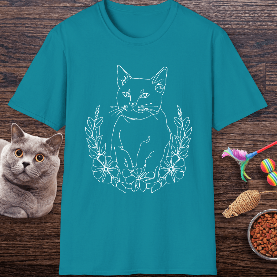 Wreath Cat Line Art T-Shirt