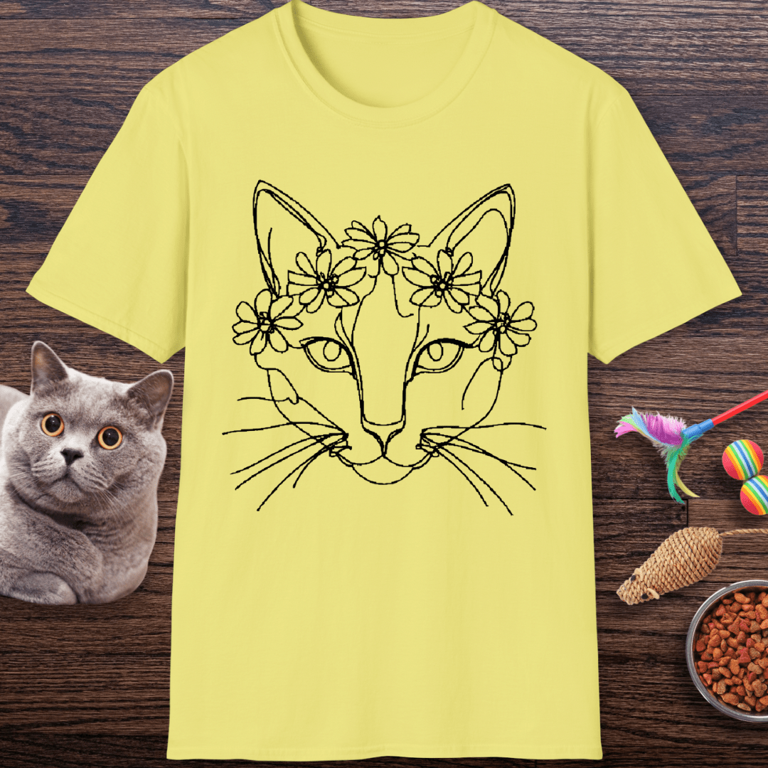 Floral Crown Cat Line Art T-Shirt