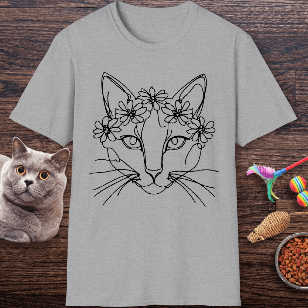Floral Crown Cat Line Art T-Shirt