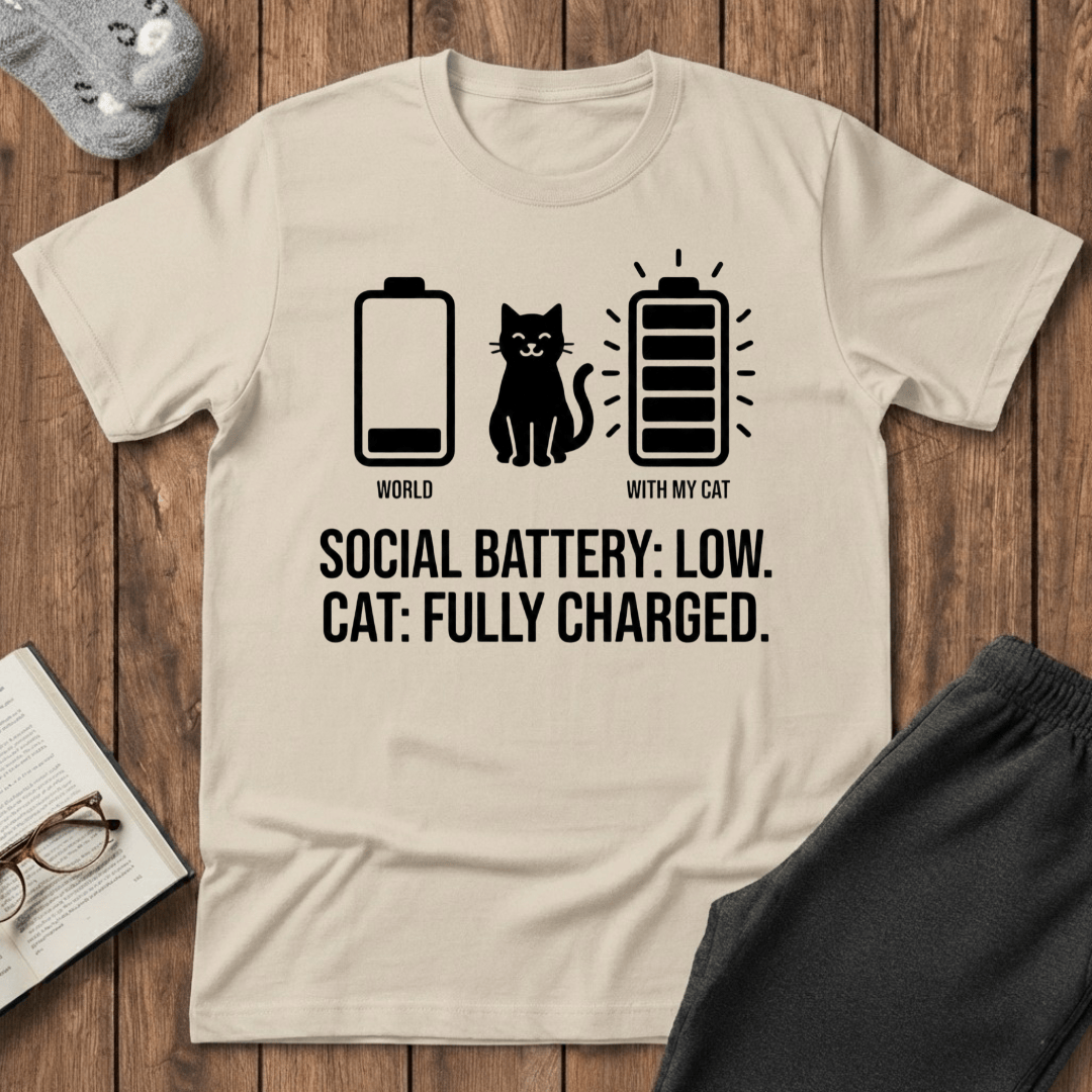 Social Battery: Low. Cat: Fully Charged. T-shirt