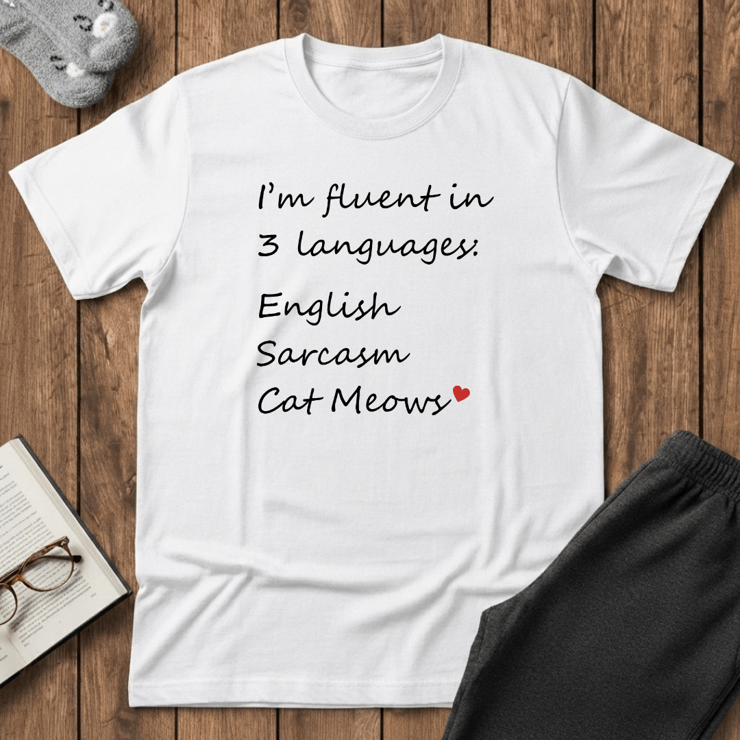 Fluent in English, Sarcasm, and Cat Meows T-Shirt