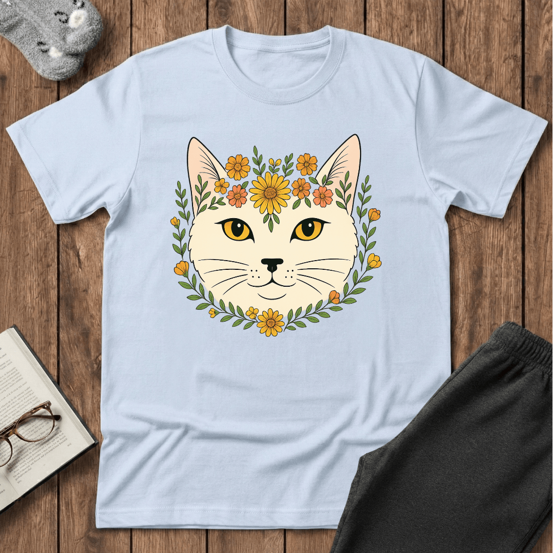 Golden Floral Cat Face T-Shirt