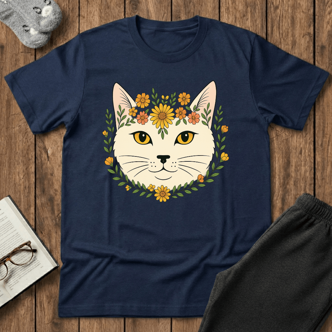 Golden Floral Cat Face T-Shirt