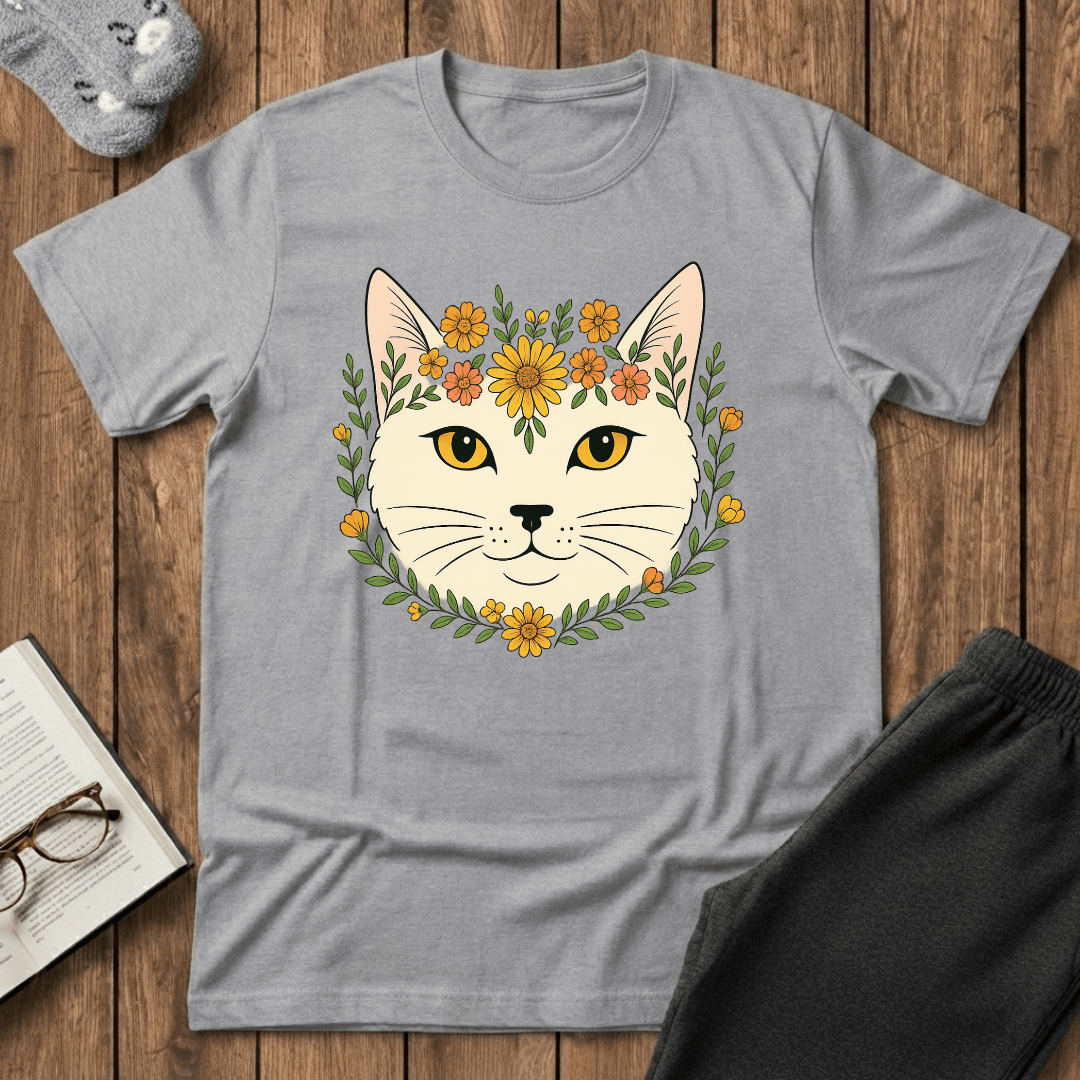 Golden Floral Cat Face T-Shirt
