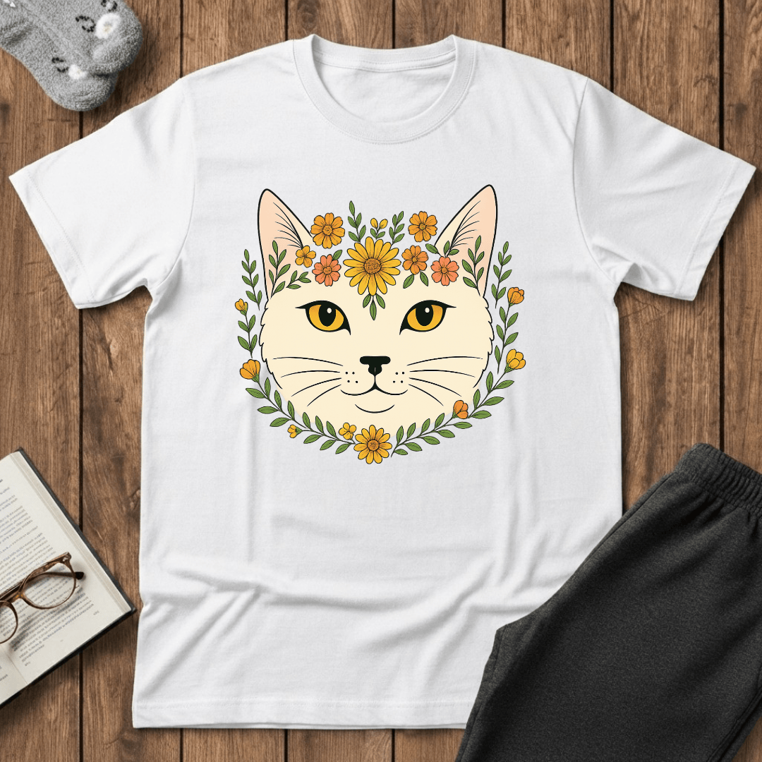 Golden Floral Cat Face T-Shirt