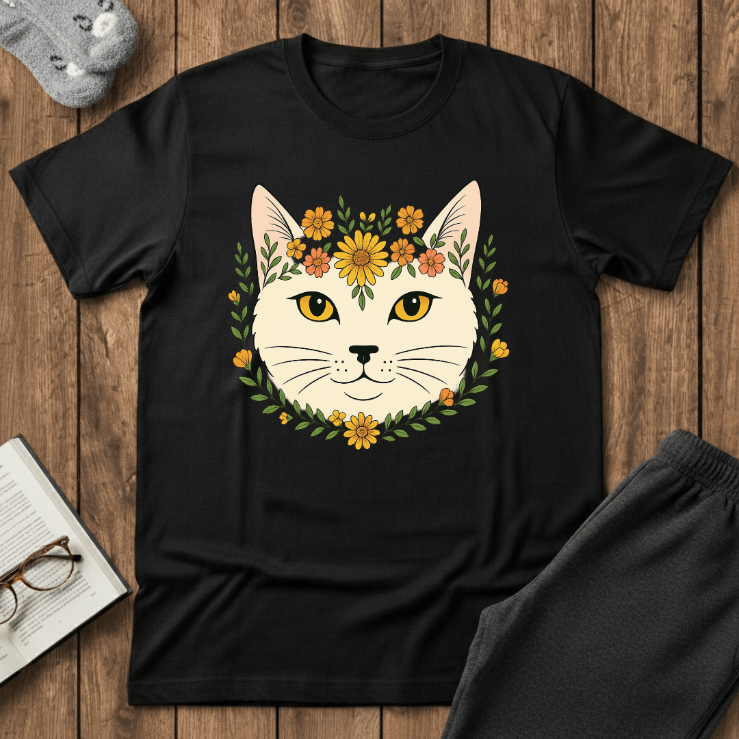 Golden Floral Cat Face T-Shirt