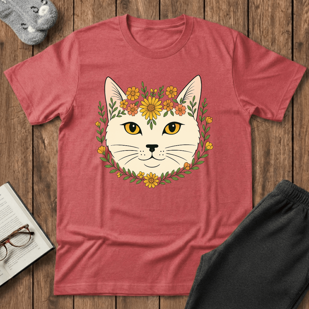 Golden Floral Cat Face T-Shirt