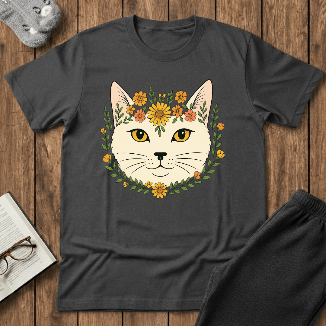 Golden Floral Cat Face T-Shirt