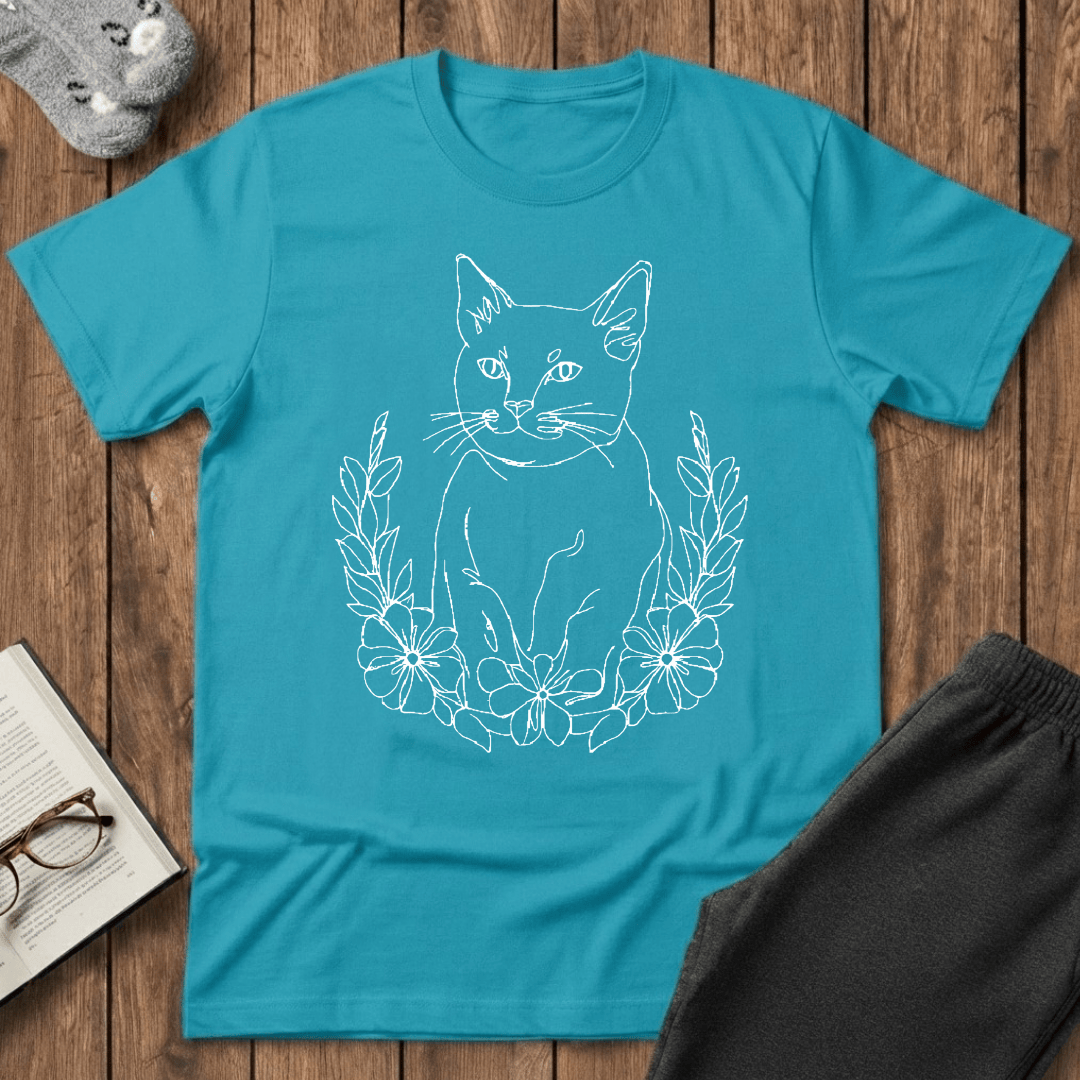 Wreath Cat Line Art T-Shirt