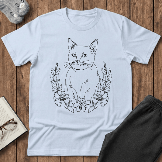 Wreath Cat Line Art T-Shirt