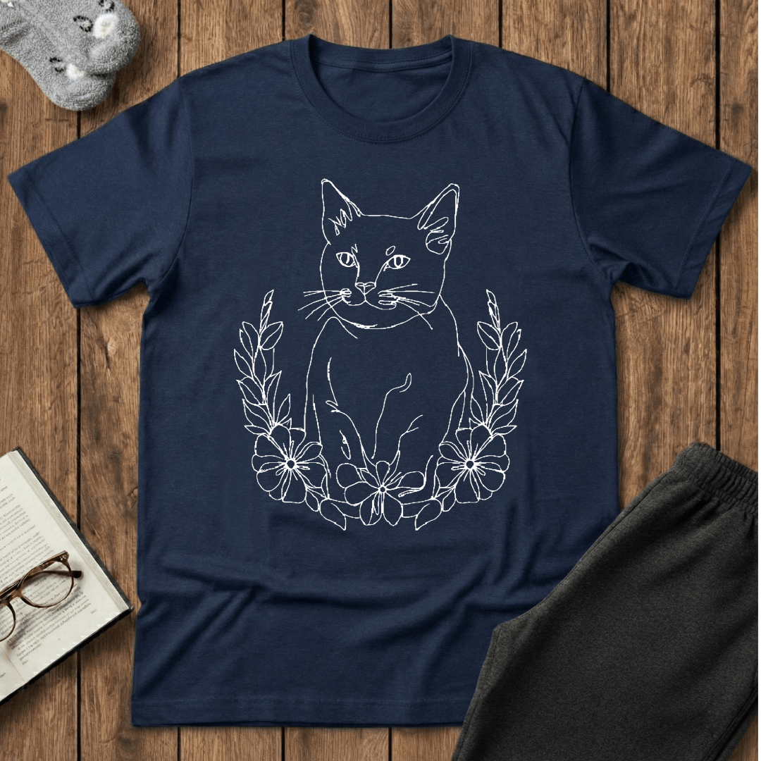 Wreath Cat Line Art T-Shirt
