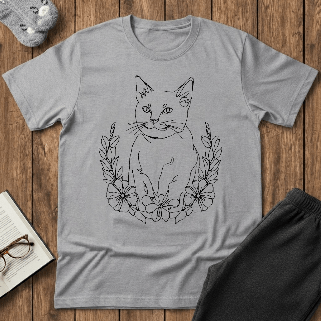 Wreath Cat Line Art T-Shirt