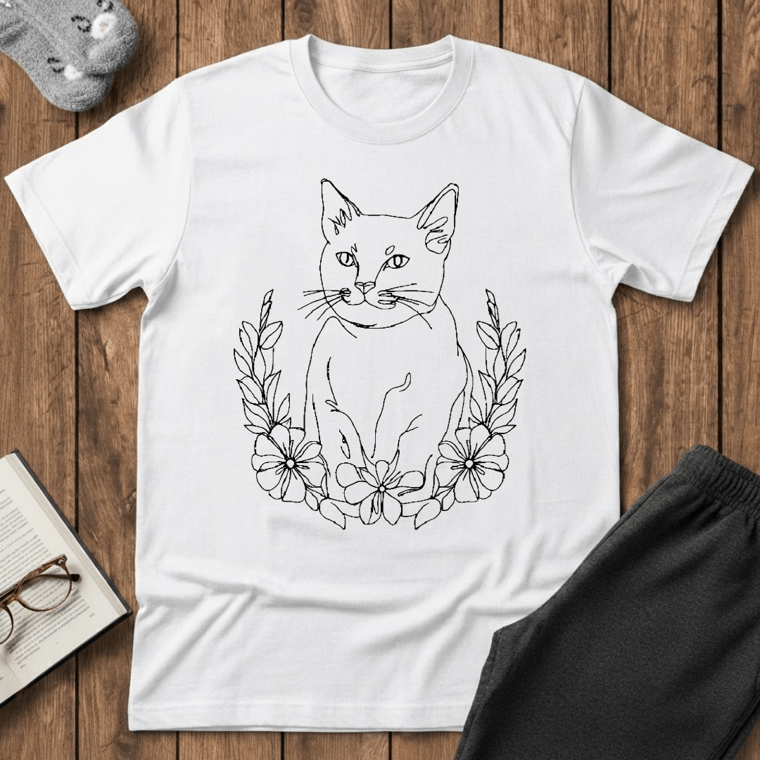 Wreath Cat Line Art T-Shirt