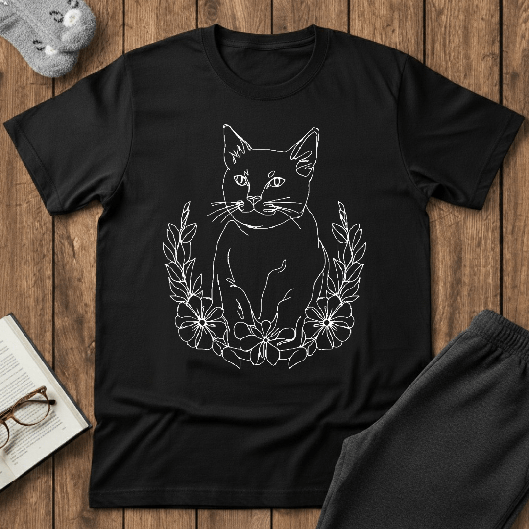Wreath Cat Line Art T-Shirt