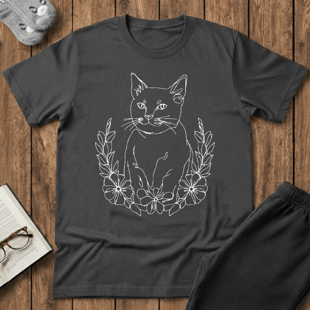 Wreath Cat Line Art T-Shirt