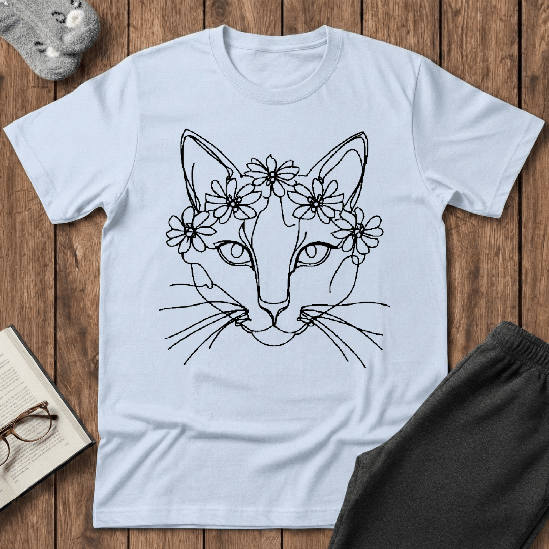 Floral Crown Cat Line Art T-Shirt