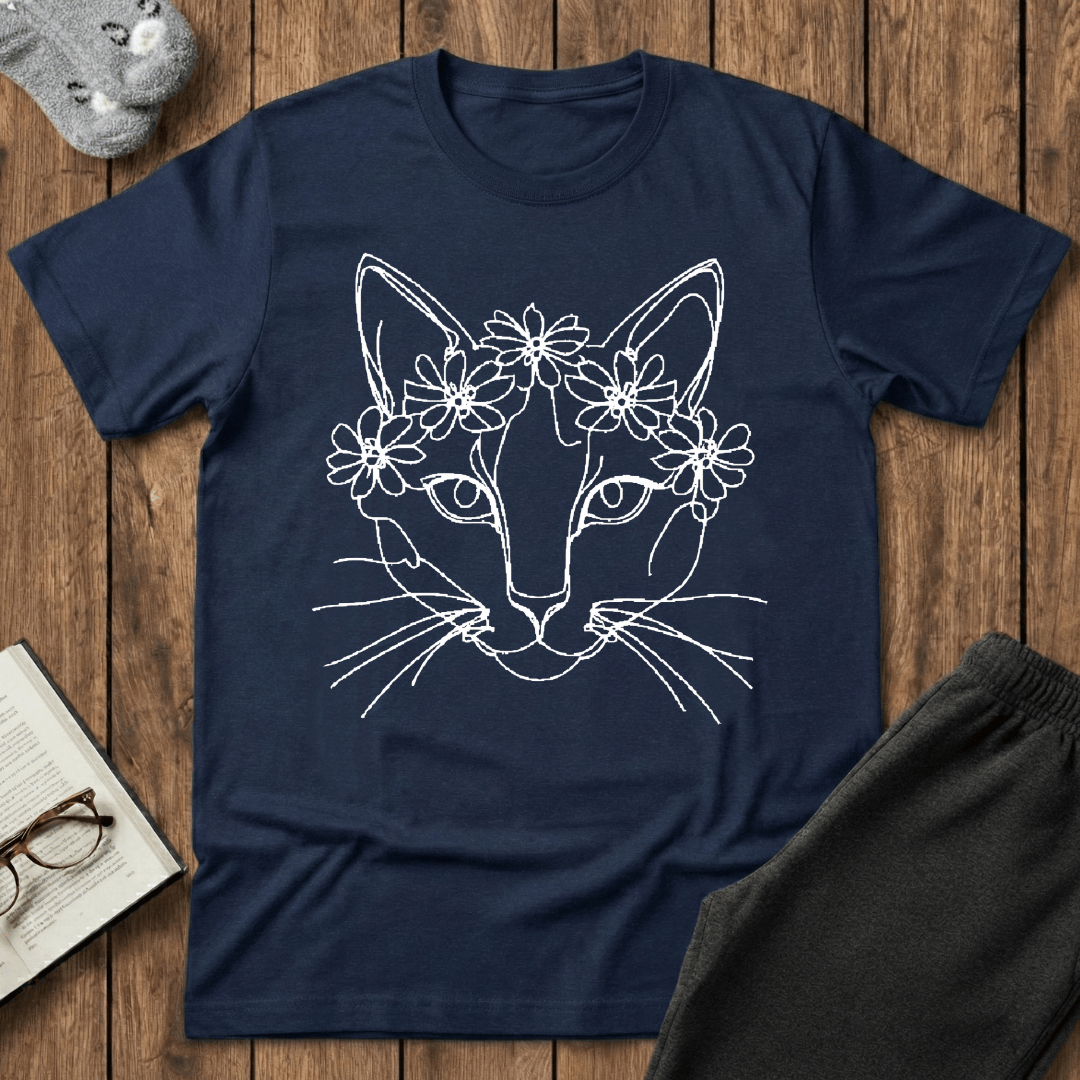 Floral Crown Cat Line Art T-Shirt