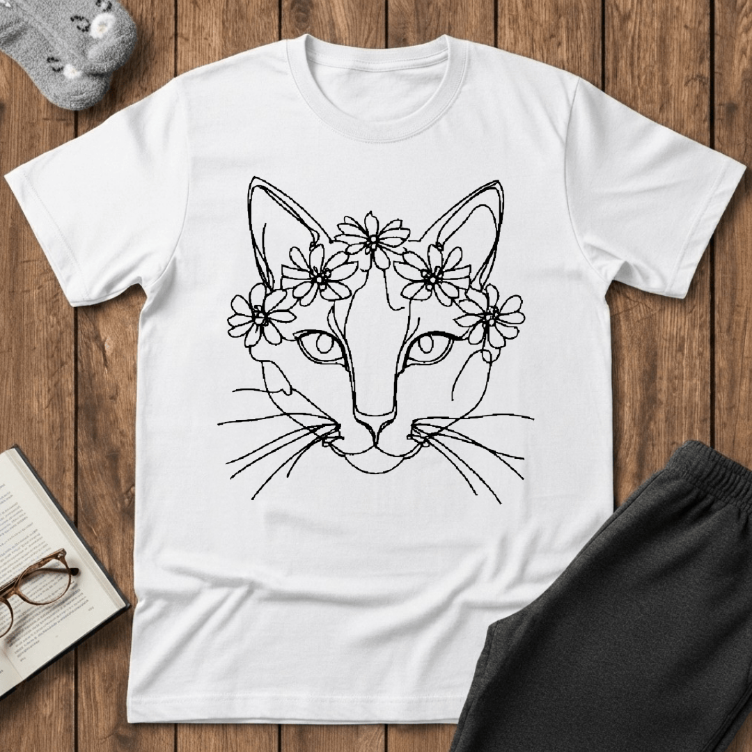 Floral Crown Cat Line Art T-Shirt