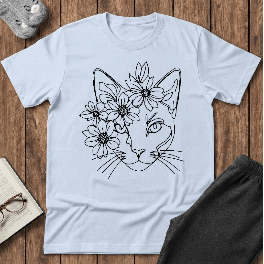 Daisy Crown Cat Line Art T-Shirt
