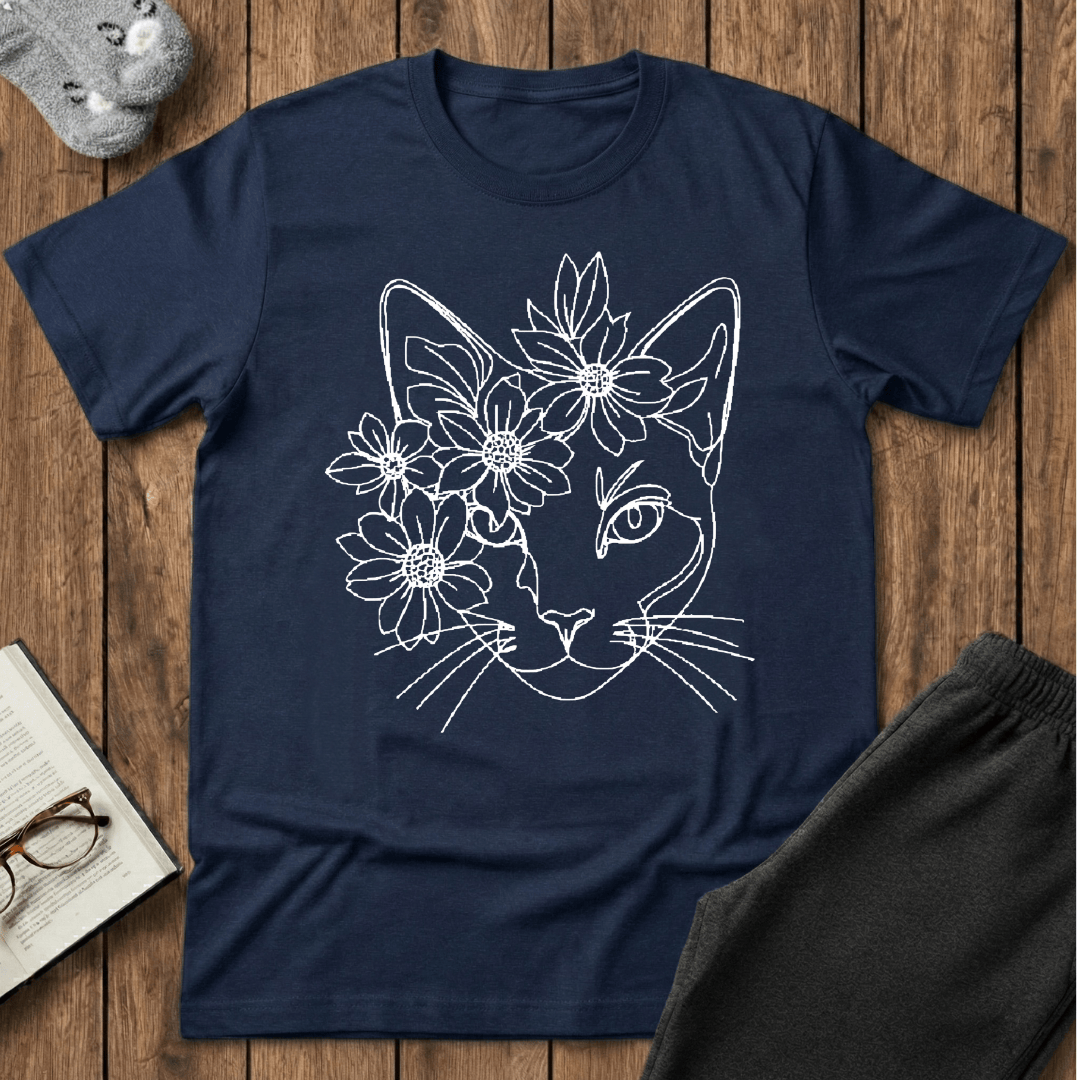 Daisy Crown Cat Line Art T-Shirt