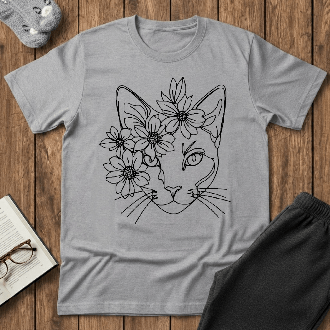 Daisy Crown Cat Line Art T-Shirt