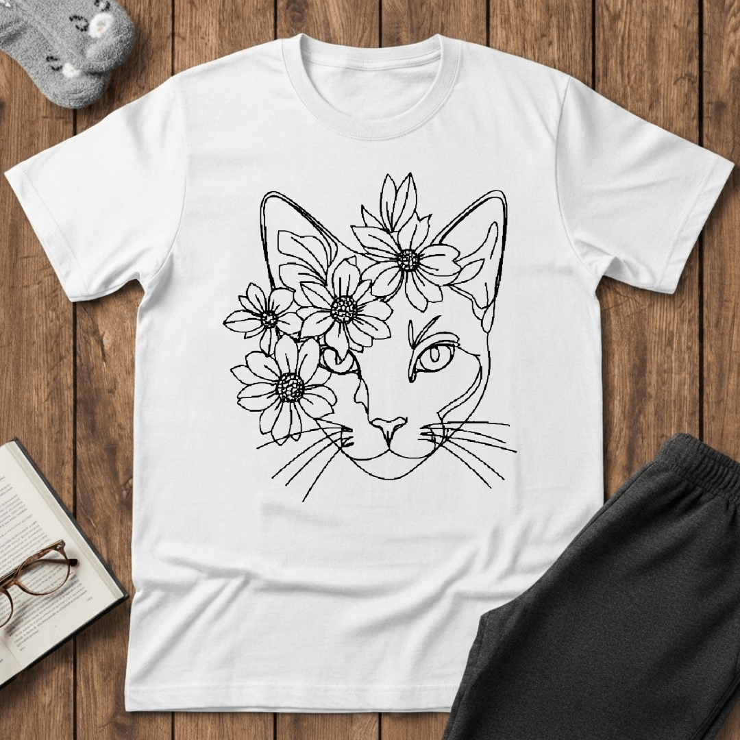 Daisy Crown Cat Line Art T-Shirt