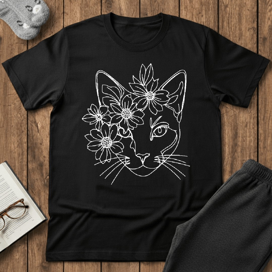 Daisy Crown Cat Line Art T-Shirt