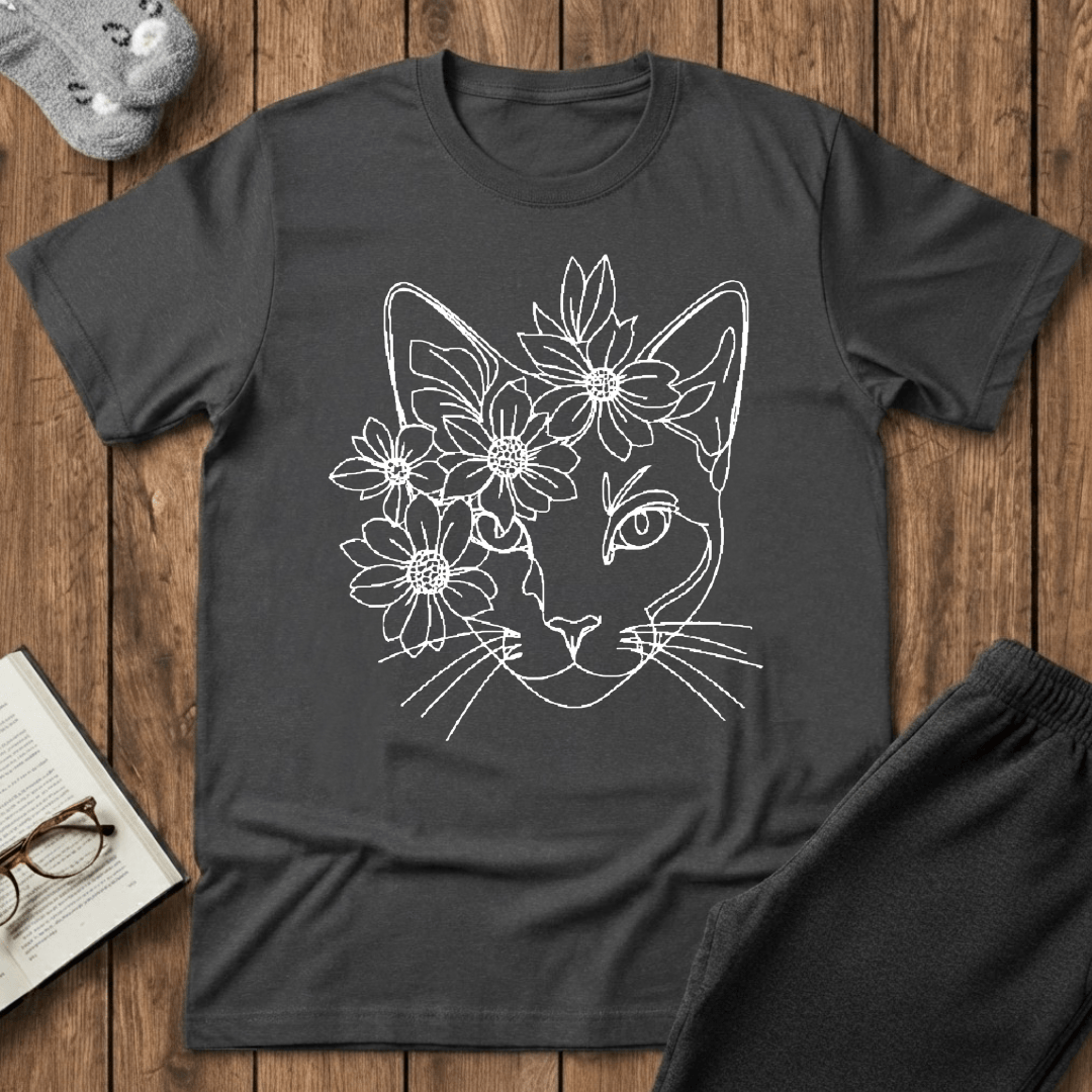 Daisy Crown Cat Line Art T-Shirt