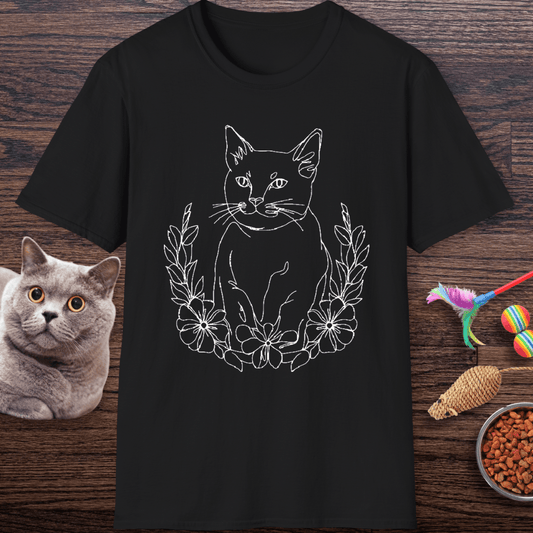 Wreath Cat Line Art T-Shirt