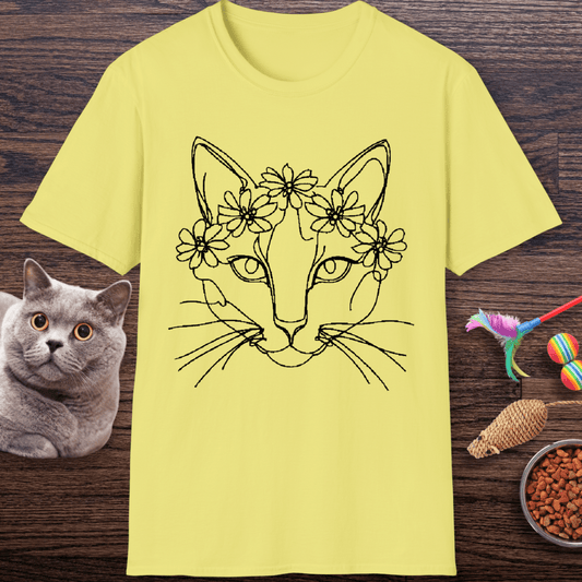 Floral Crown Cat Line Art T-Shirt