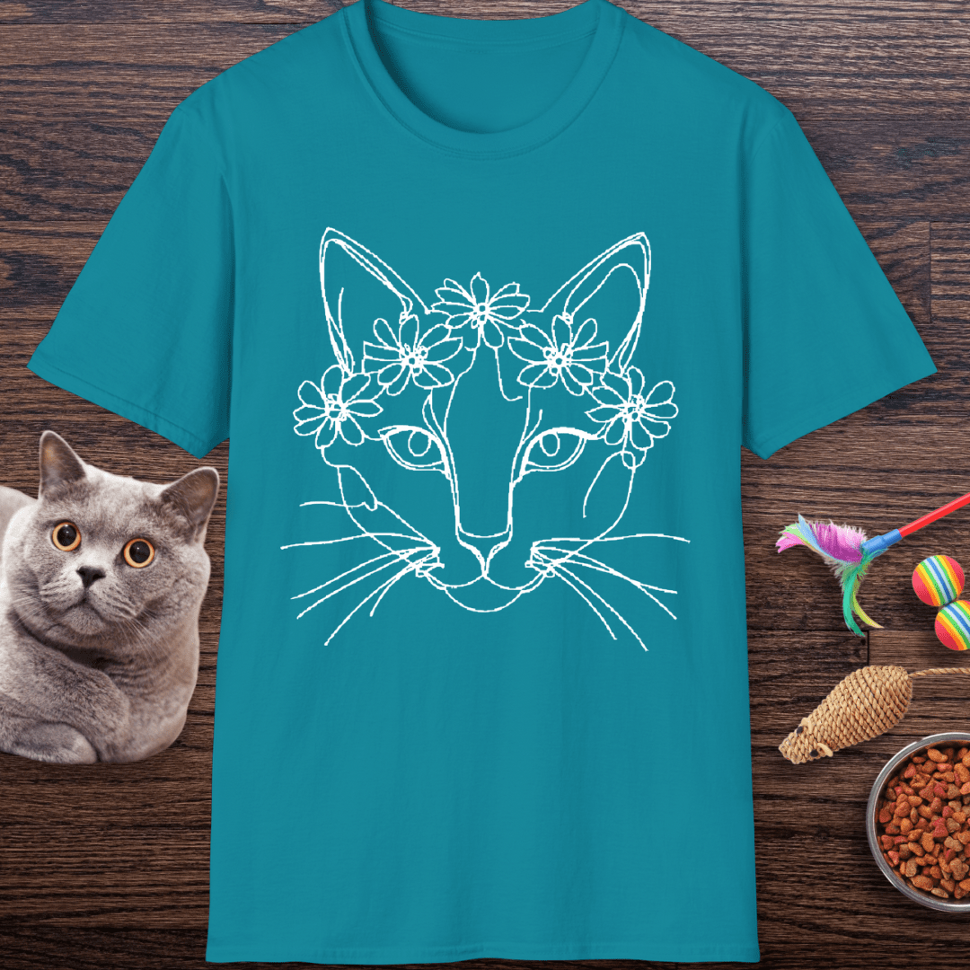 Floral Crown Cat Line Art T-Shirt