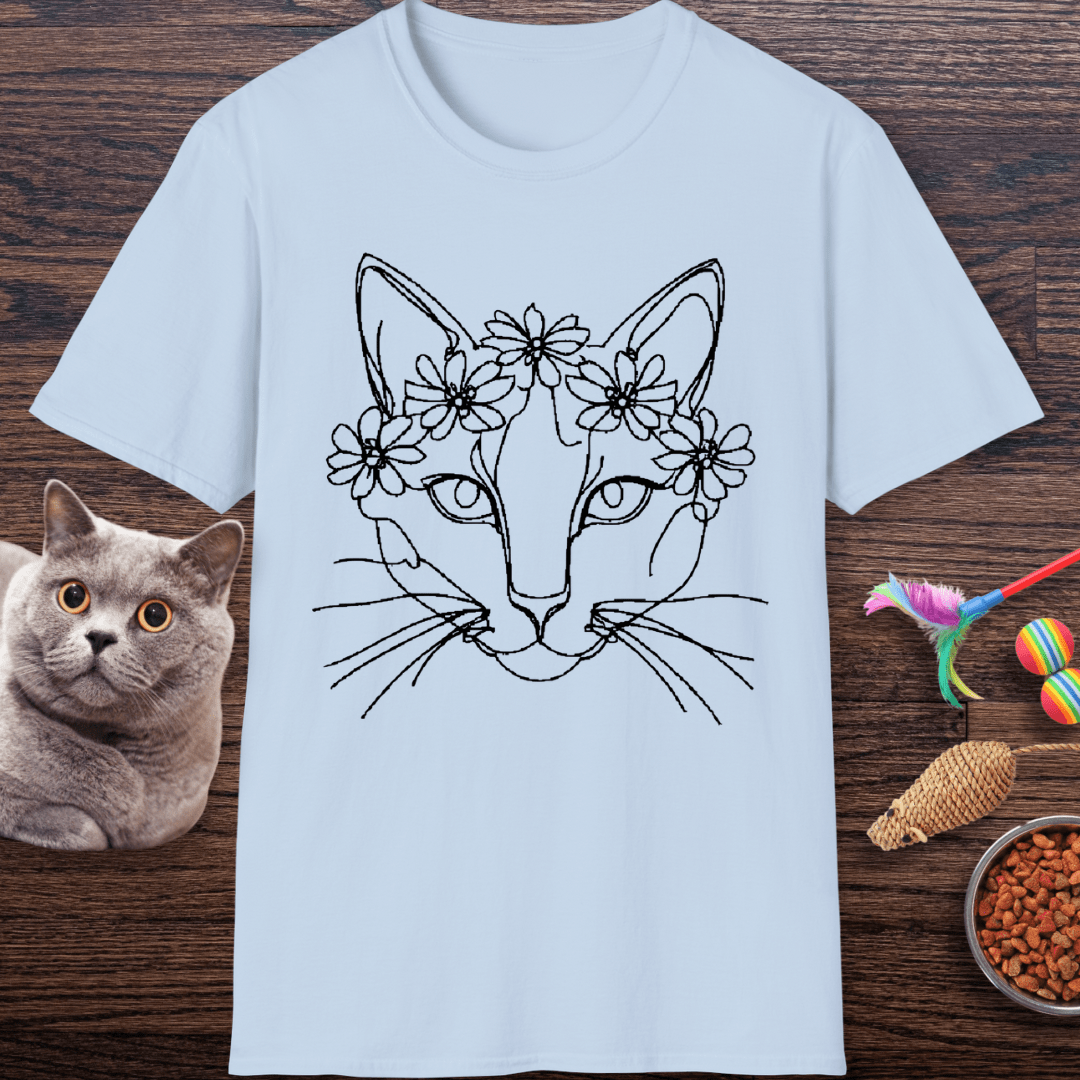 Floral Crown Cat Line Art T-Shirt