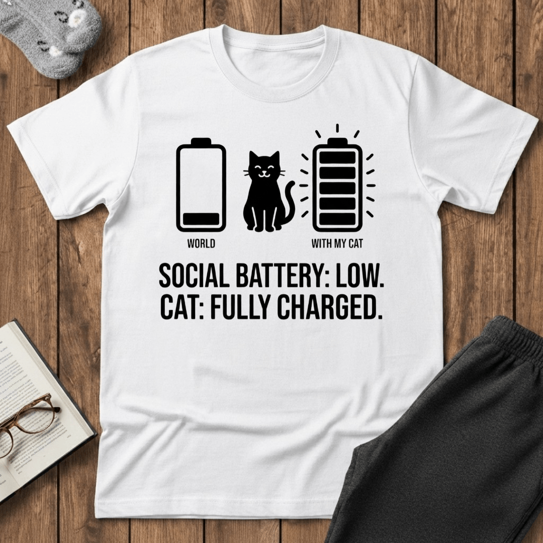 Social Battery: Low. Cat: Fully Charged. T-shirt