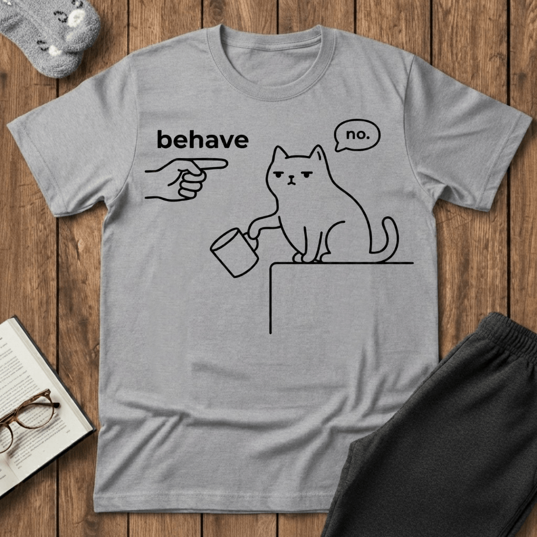 “Behave? No." Minimalist Sassy Cat T-shirt