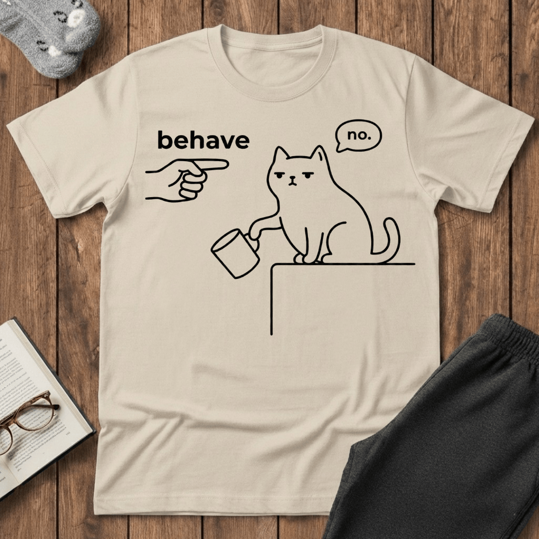 “Behave? No." Minimalist Sassy Cat T-shirt
