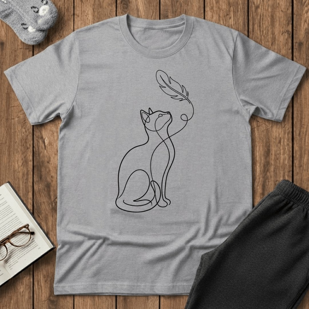 Cat Line Art & Feather T-Shirt