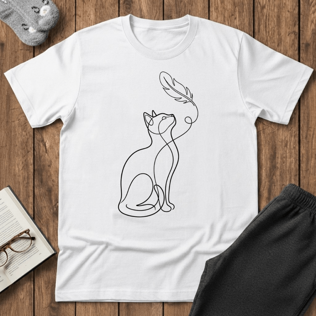 Cat Line Art & Feather T-Shirt