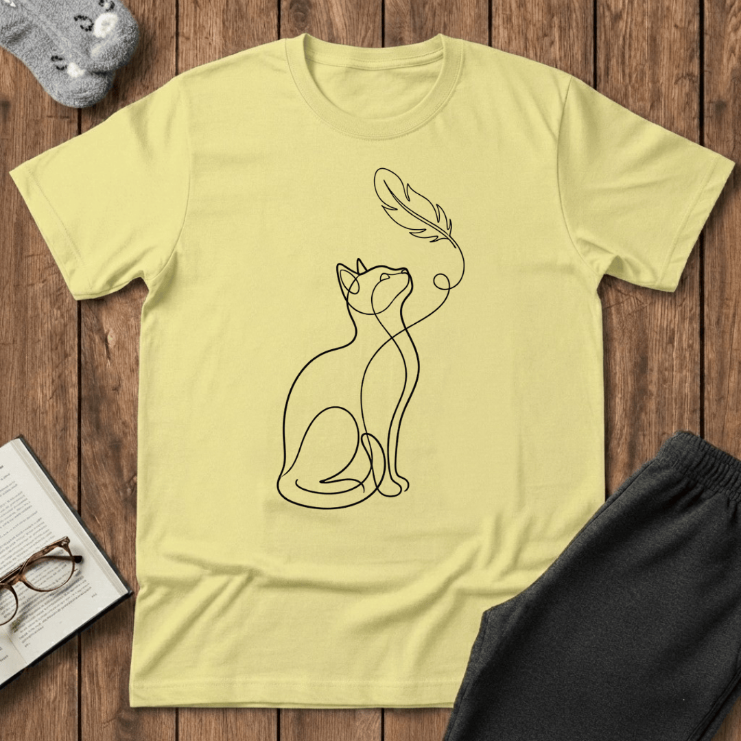 Cat Line Art & Feather T-Shirt