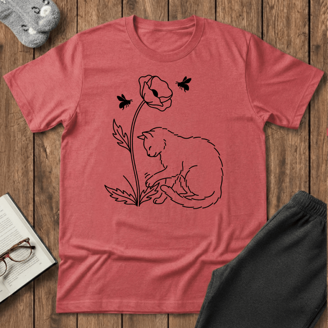 Cat & Poppy Flower T-Shirt