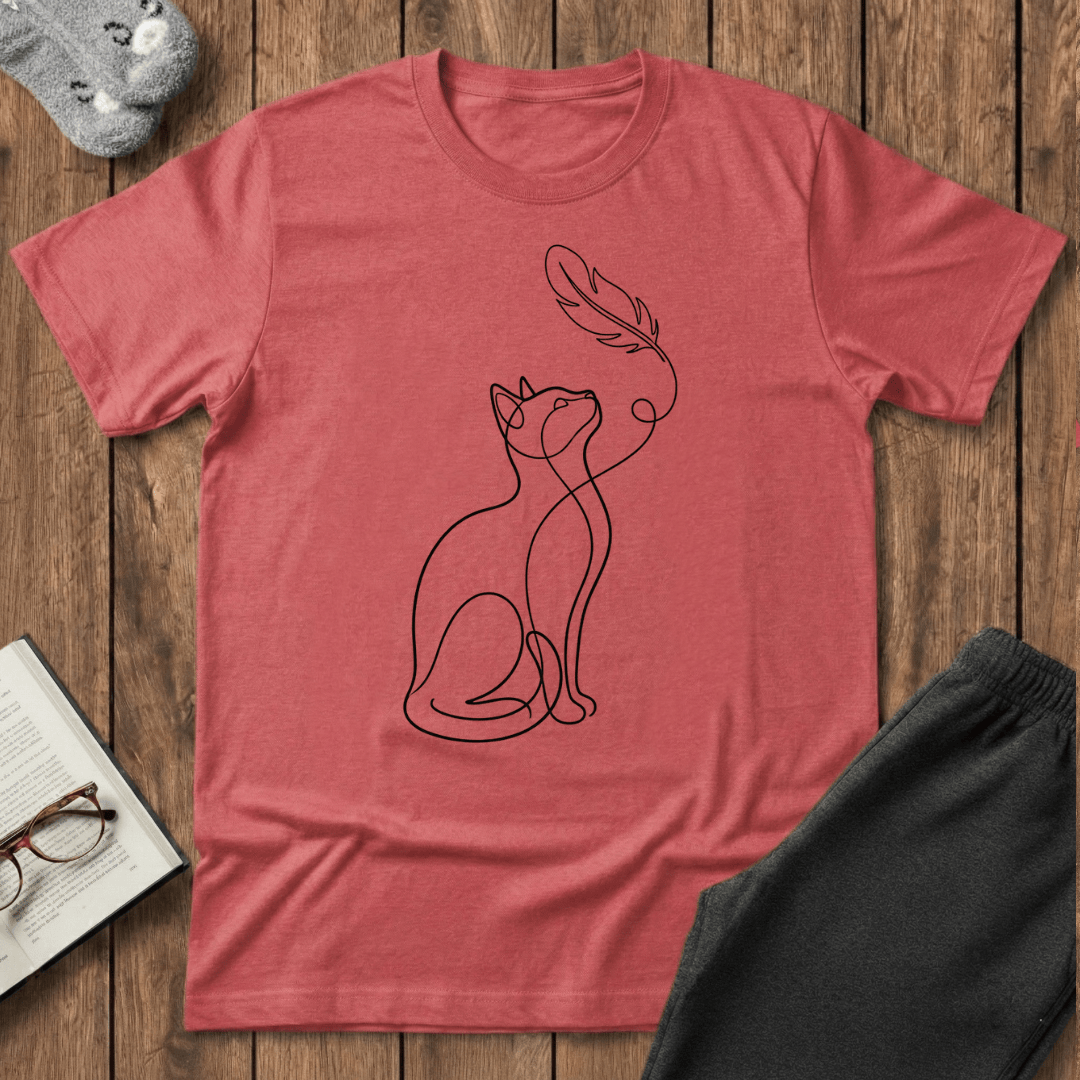 Cat Line Art & Feather T-Shirt