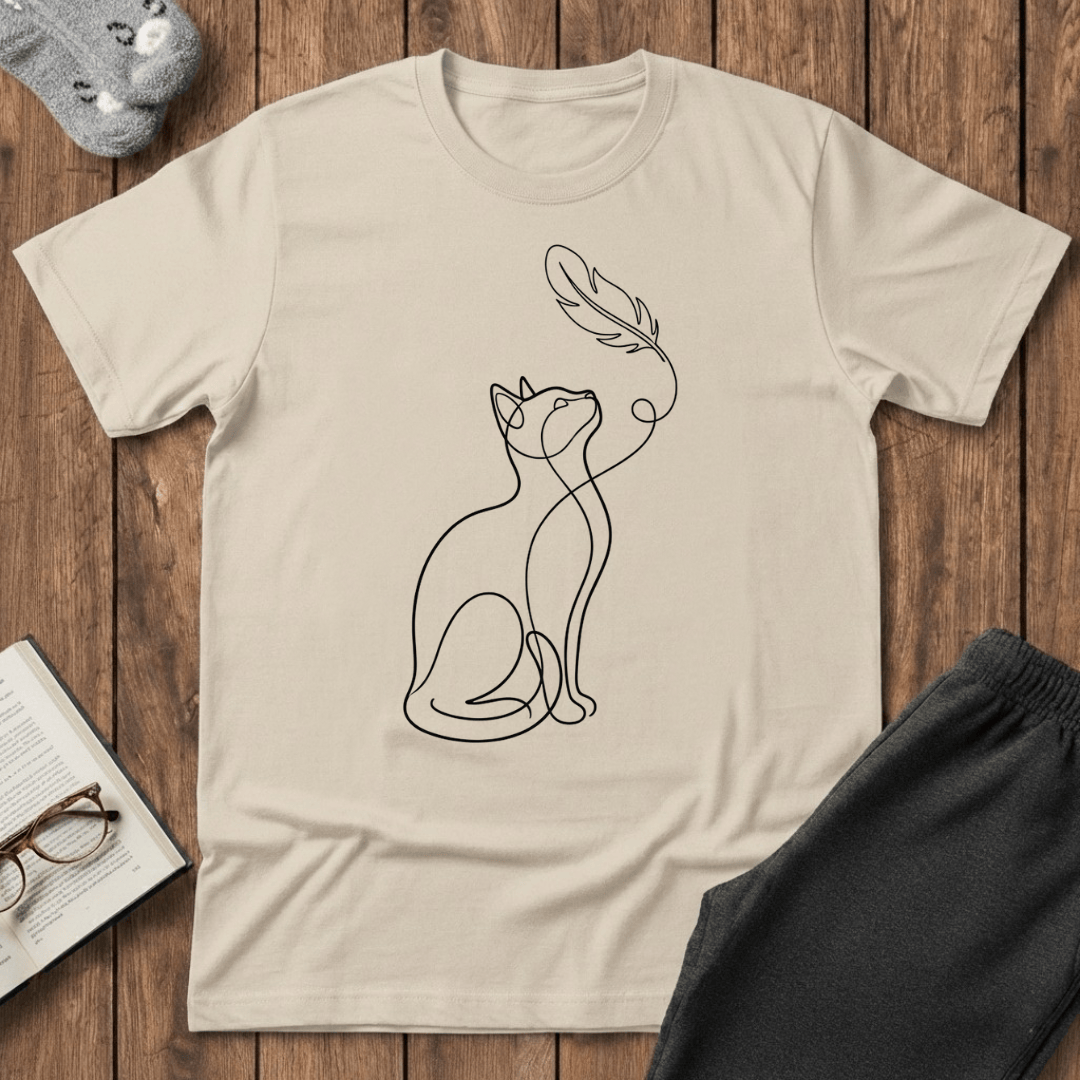 Cat Line Art & Feather T-Shirt