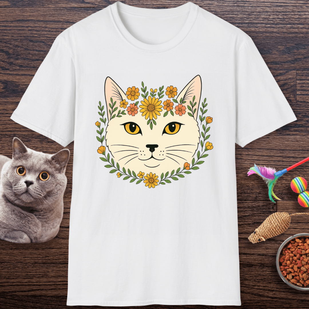 Golden Floral Cat Face T-Shirt